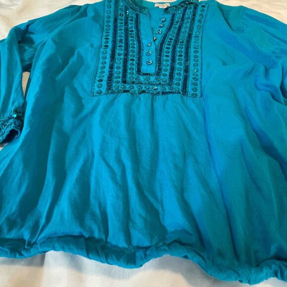 Jaclyn Smith Womens Large Teal Embellished Cotton Blouse - Picture 2 of 10